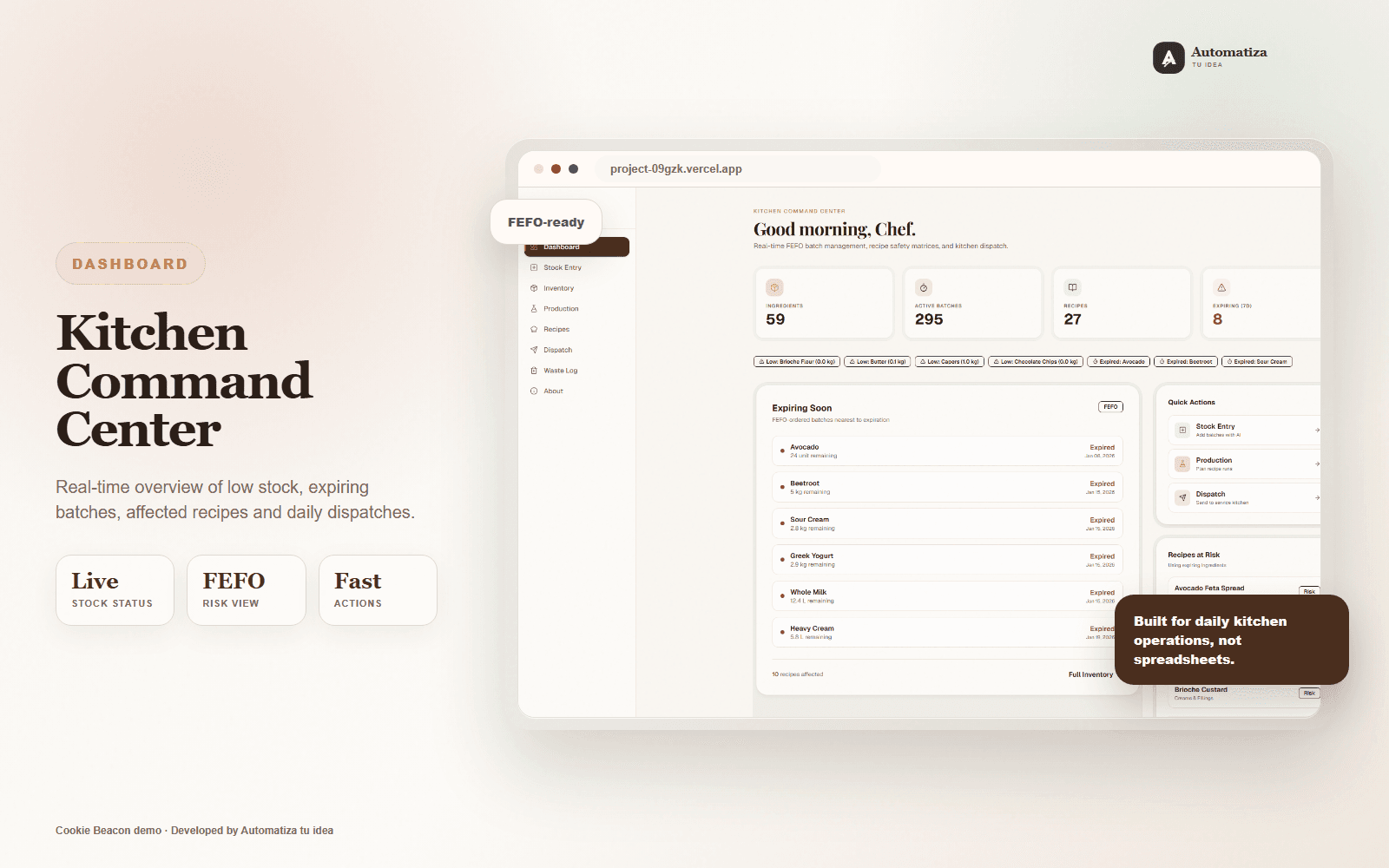 Dashboard operativo: Indicadores de inventario, lotes activos, recetas y alertas de vencimiento.