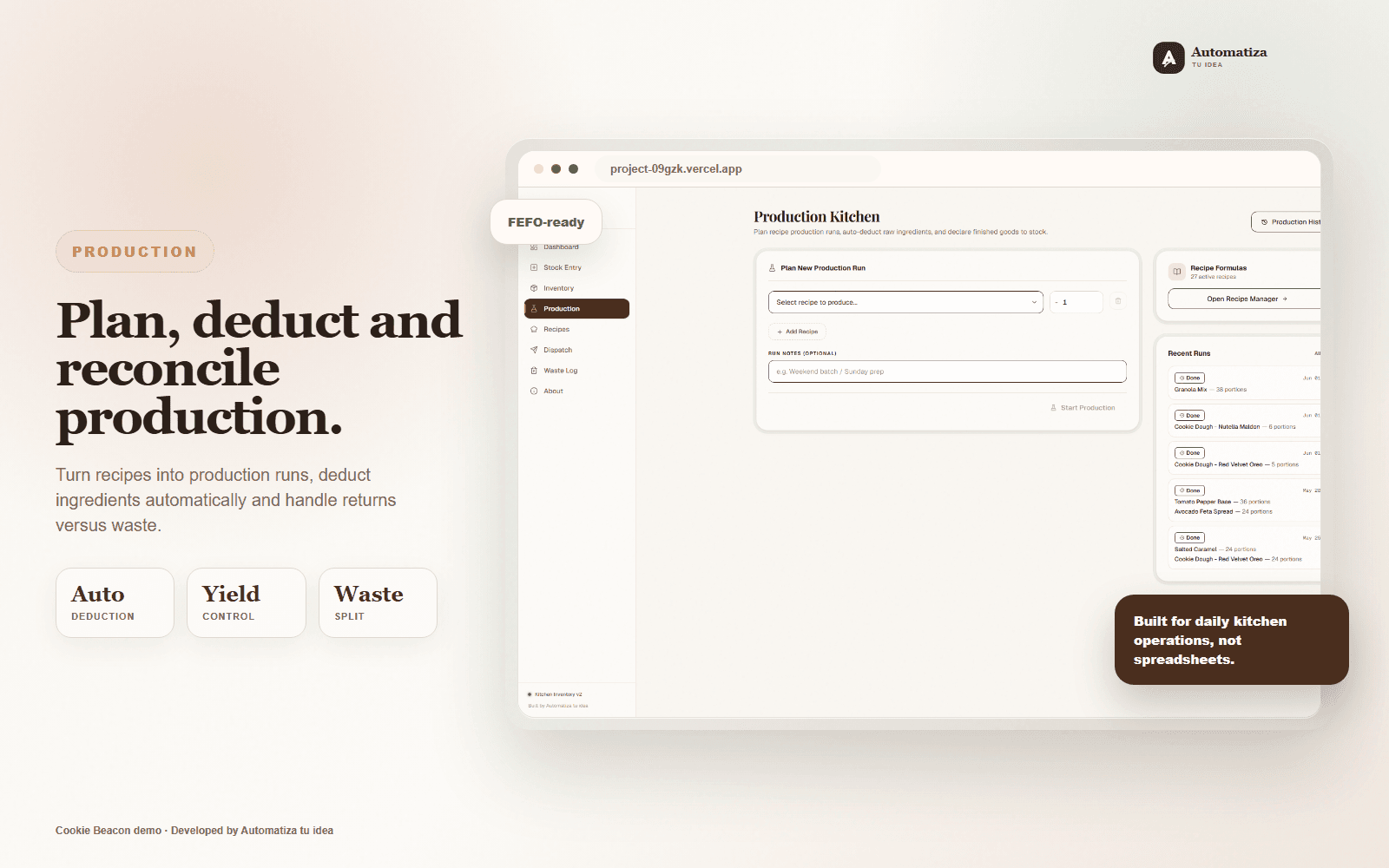 Producción real: Registro de producción con descuento de ingredientes y control de recetas.